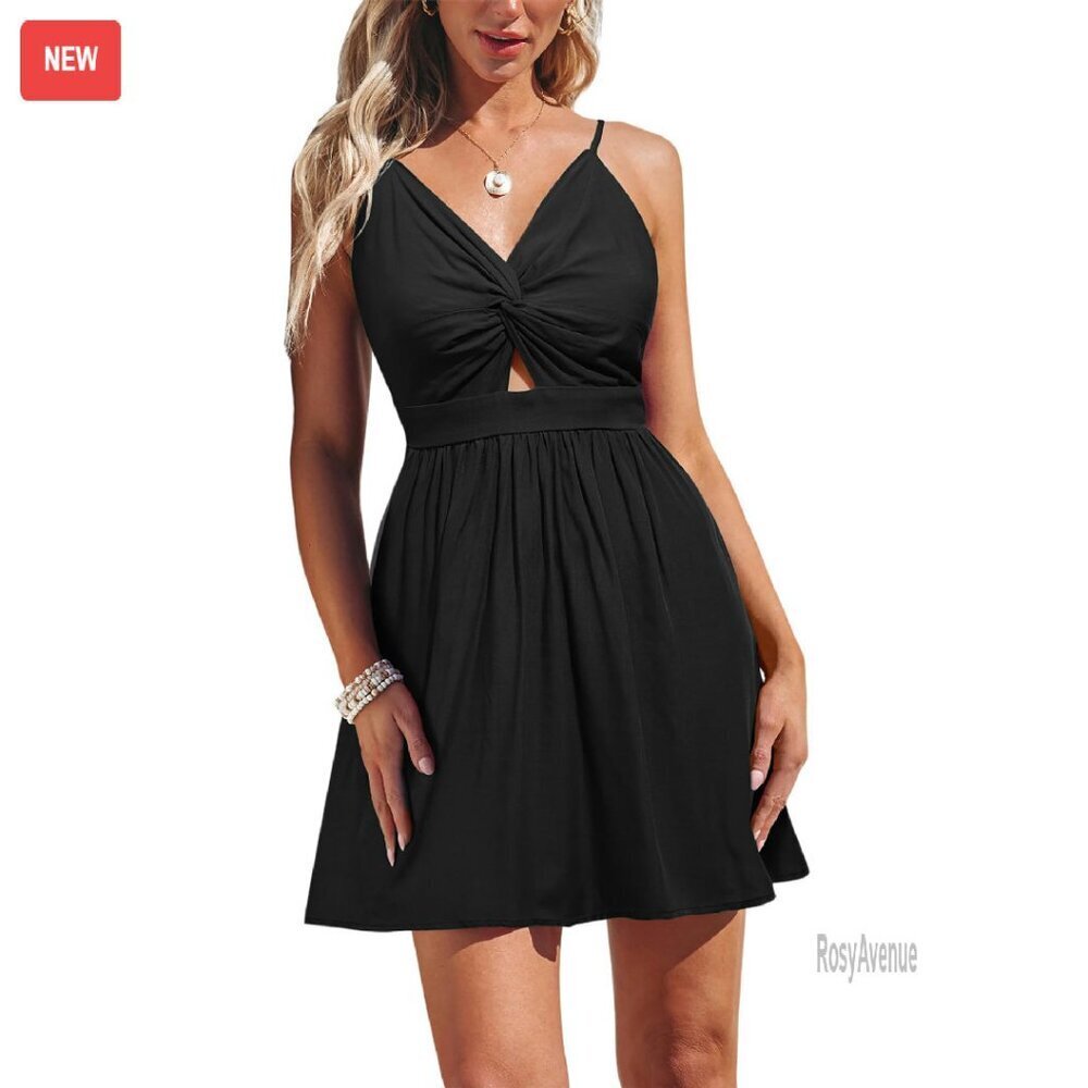Rayon Mini Dress with V-Neck, Tie Back, and Pleated Detail
